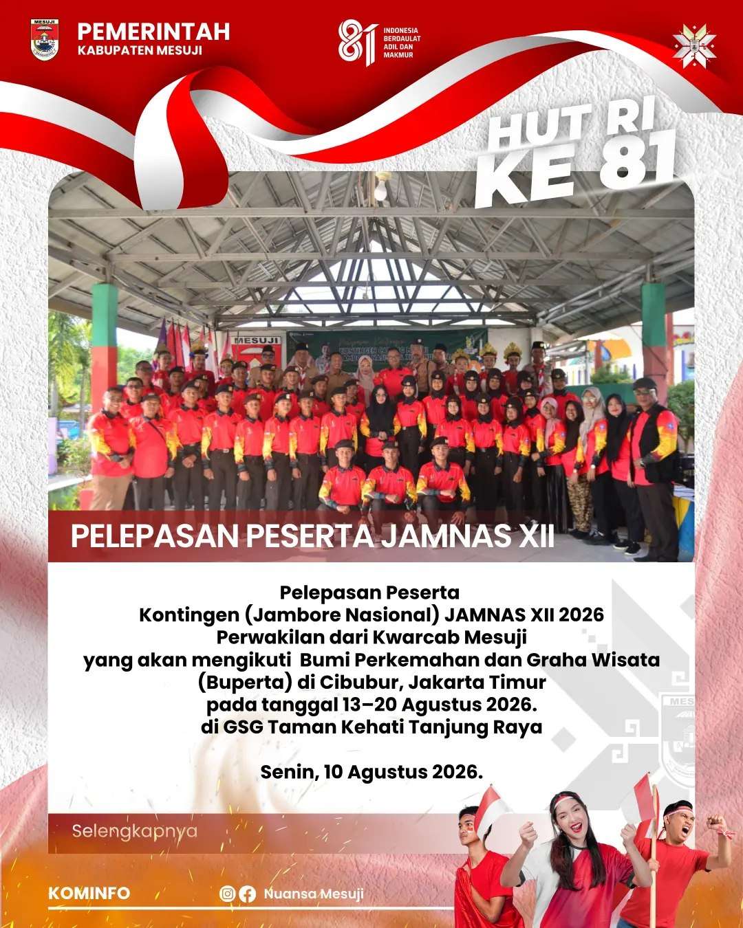 Pelepasan Peserta Kontingen (Jambore Nasional) JAMNAS XII 2026 Perwakilan dari Kwarcab Mesuji yang akan mengikuti Bumi Perkemahan dan Graha Wisata (Buperta) di Cibubur, Jakarta Timur pada tanggal 13–20 Agustus 2026.