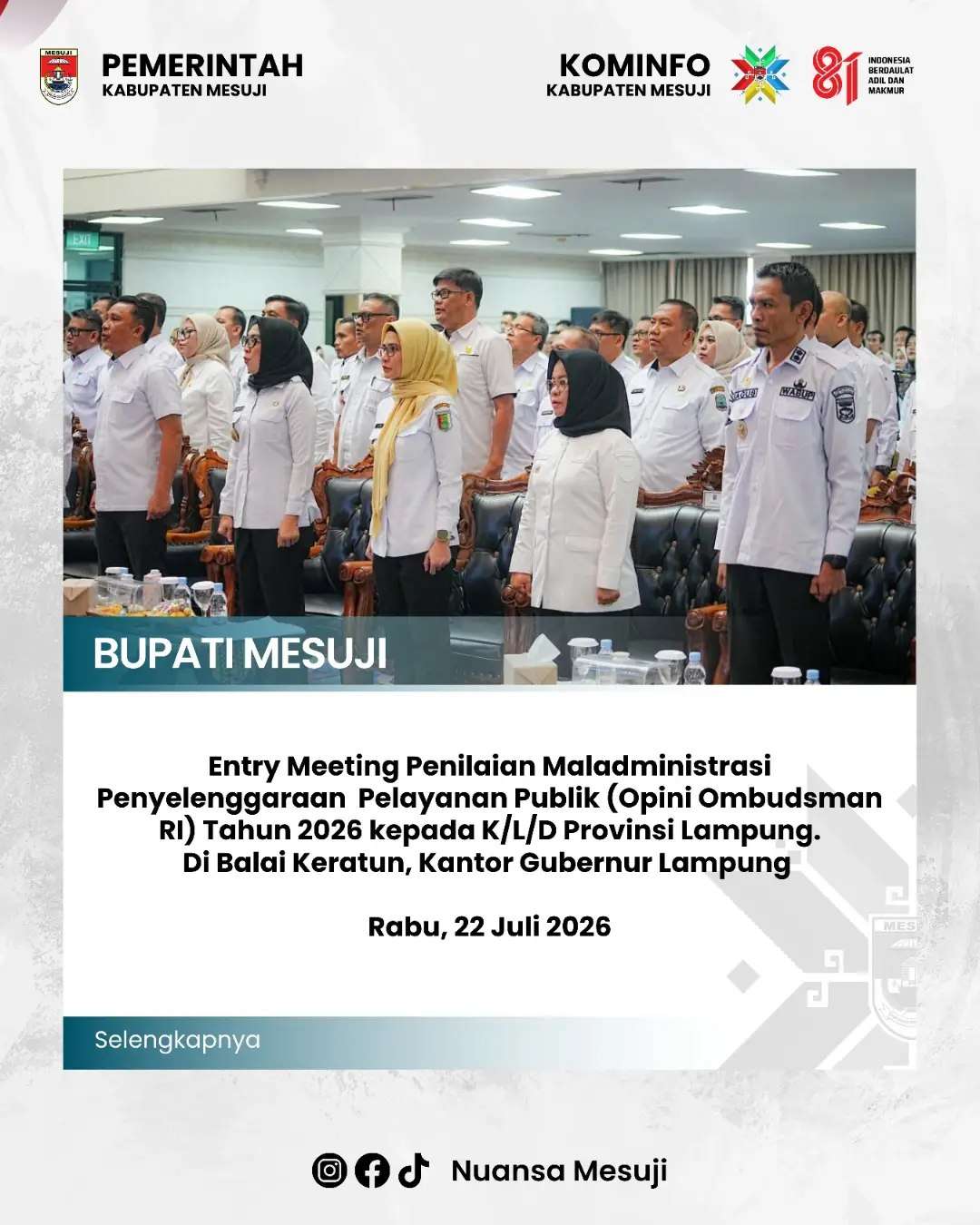 Entry Meeting Penilaian Maladministrasi Penyelenggaraan Pelayanan Publik (Opini Ombudsman RI) Tahun 2026 kepada K/L/D Provinsi Lampung