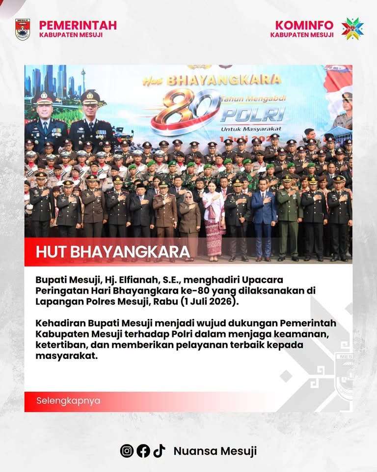 Bupati Mesuji, Hj. Elfianah, S.E., menghadiri Upacara Peringatan Hari Bhayangkara ke-80