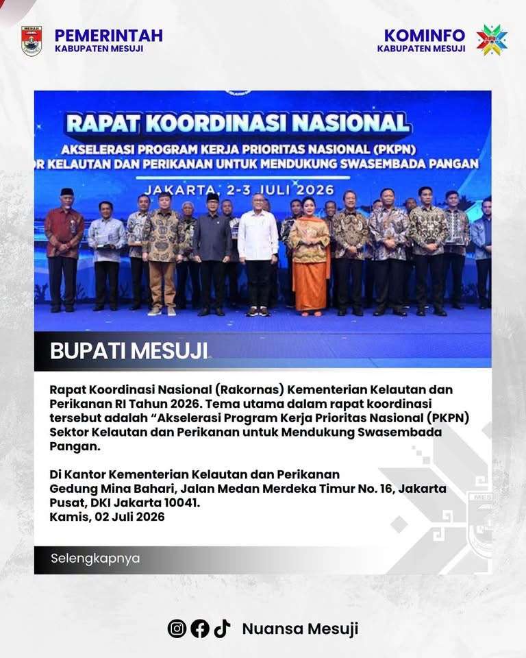 Rapat Koordinasi Nasional (Rakornas) Kementerian Kelautan dan Perikanan RI Tahun 2026. Tema utama dalam rapat koordinasi tersebut adalah “Akselerasi Program Kerja Prioritas Nasional (PKPN) Sektor Kelautan dan Perikanan untuk Mendukung Swasembada Pangan