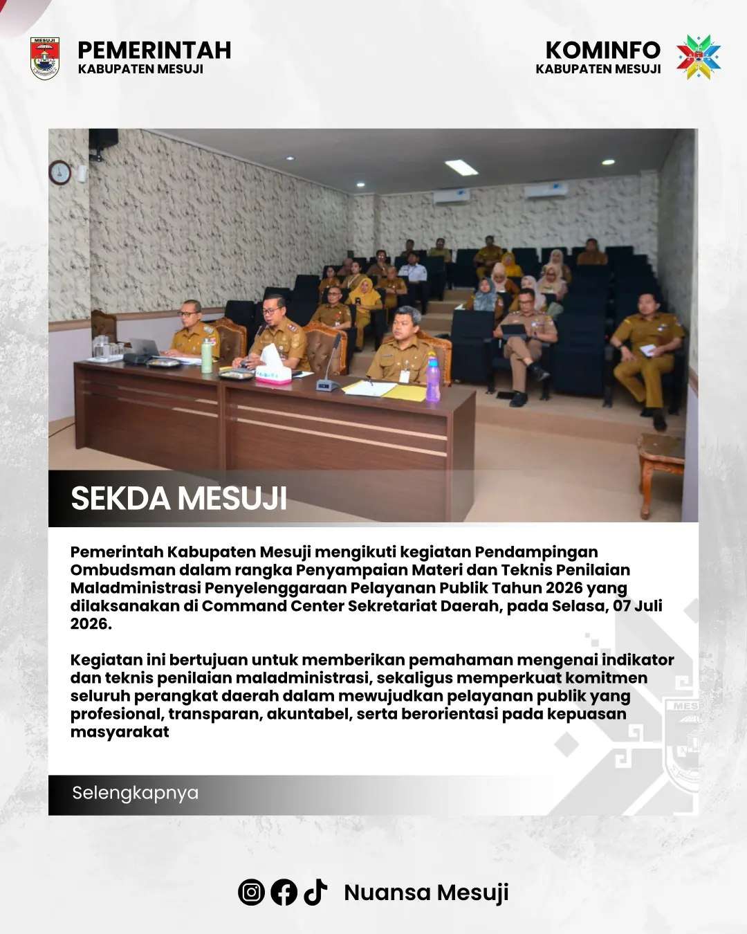 Pemerintah Kabupaten Mesuji mengikuti kegiatan Pendampingan Ombudsman dalam rangka Penyampaian Materi dan Teknis Penilaian Maladministrasi Penyelenggaraan Pelayanan Publik Tahun 2026