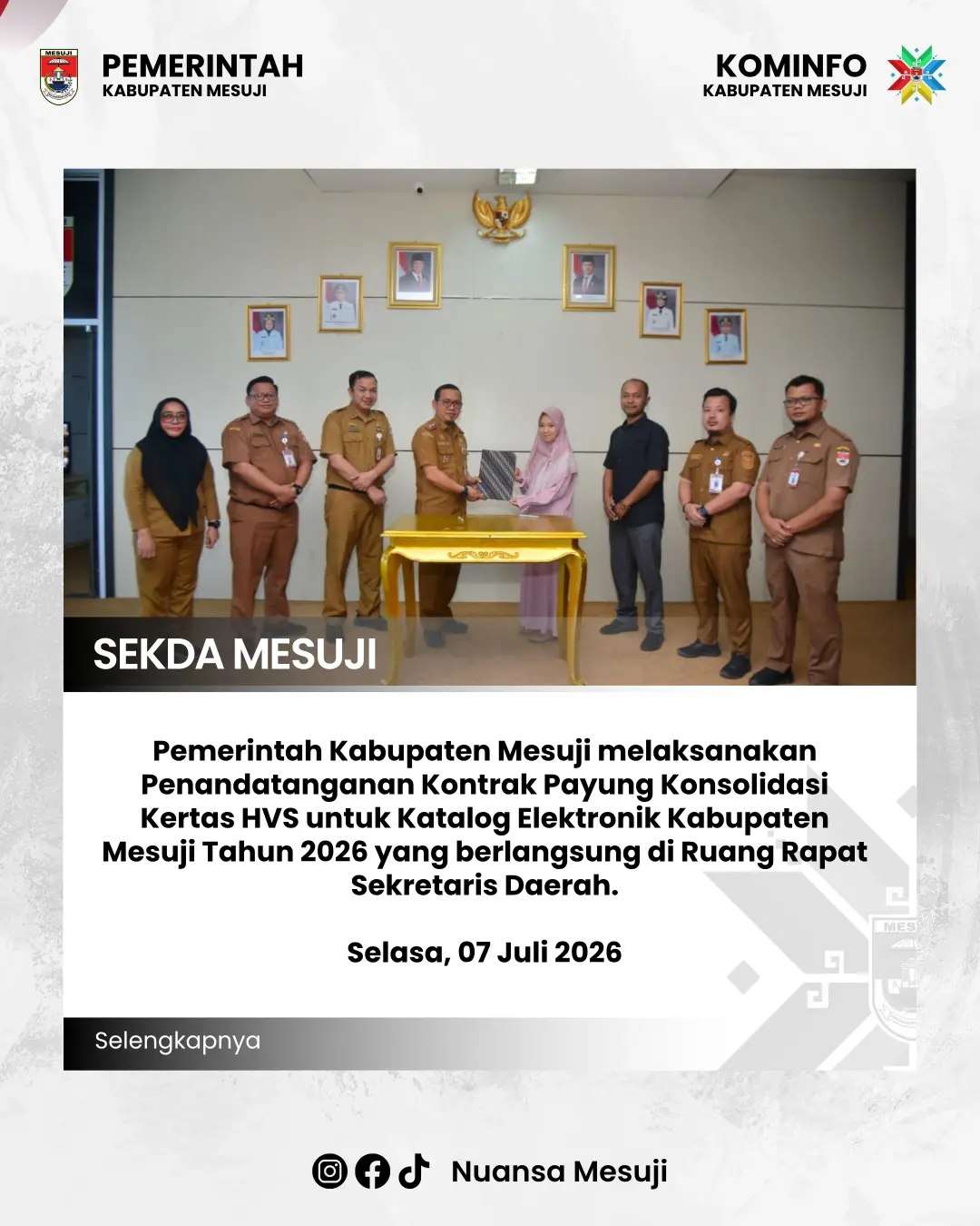 Pemerintah Kabupaten Mesuji melaksanakan Penandatanganan Kontrak Payung Konsolidasi Kertas HVS untuk Katalog Elektronik Kabupaten Mesuji Tahun 2026