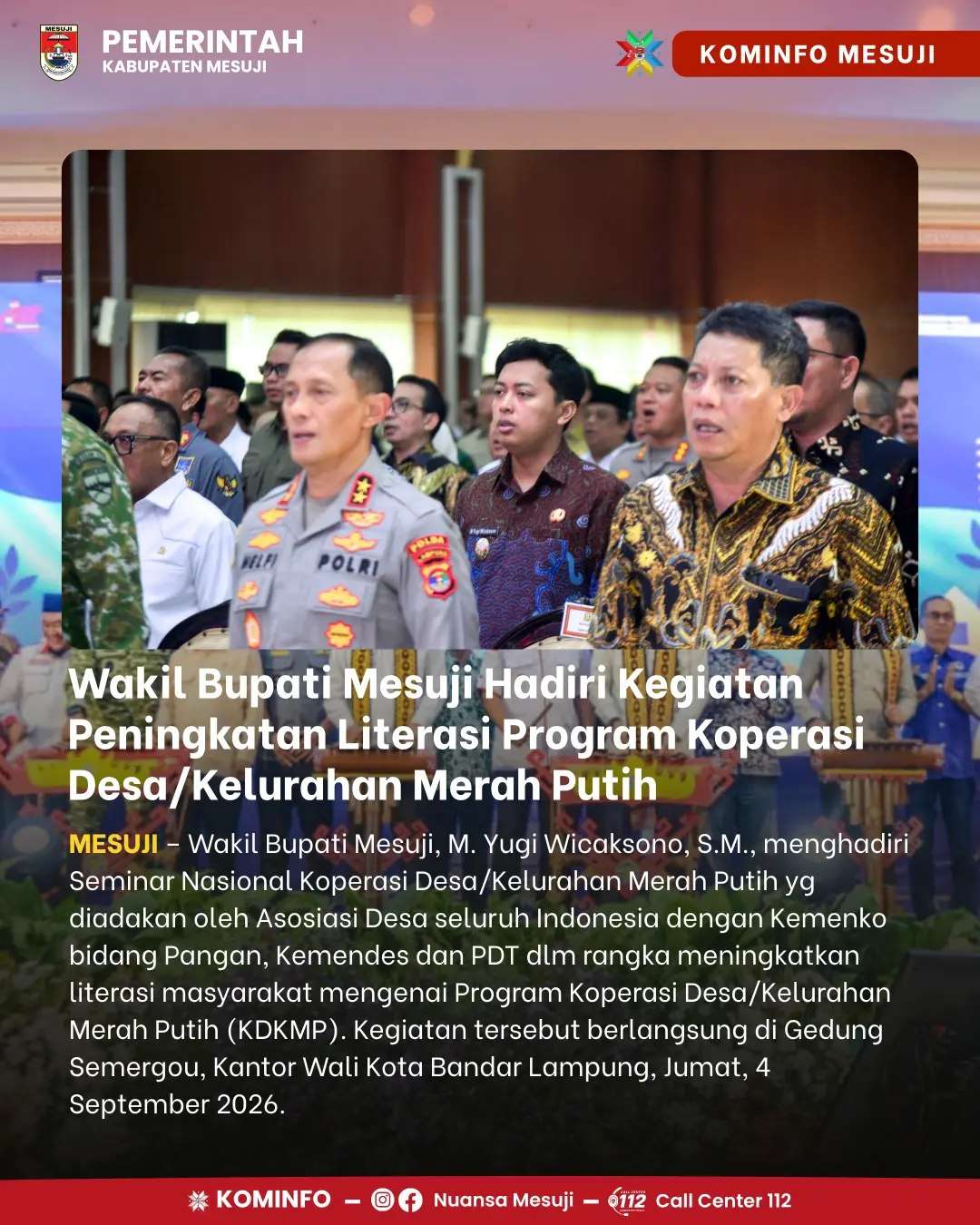 Wakil Bupati Mesuji Hadiri Kegiatan Peningkatan Literasi Program Koperasi Desa/Kelurahan Merah Putih